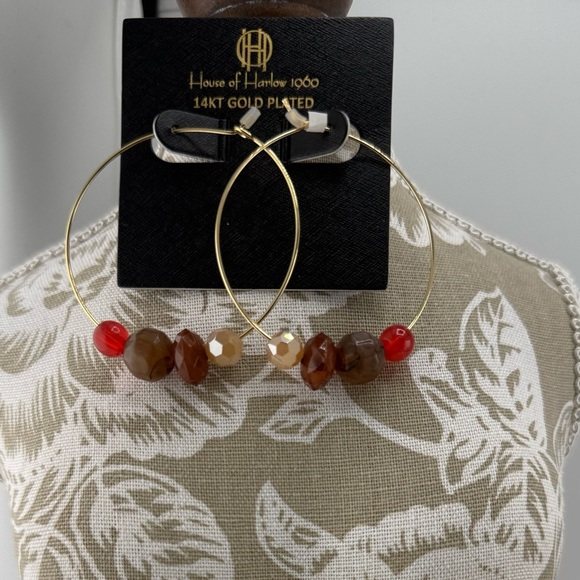 House of Harlow 1960 14KT Gold Plated Hoop Earrings with Multi-Colored Beads - Picture 6 of 6